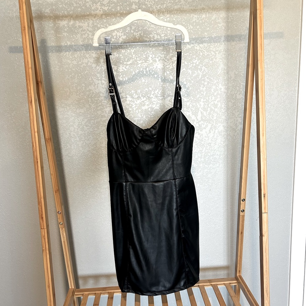 Windsor black, sweetheart neckline faux leather dress, size small.